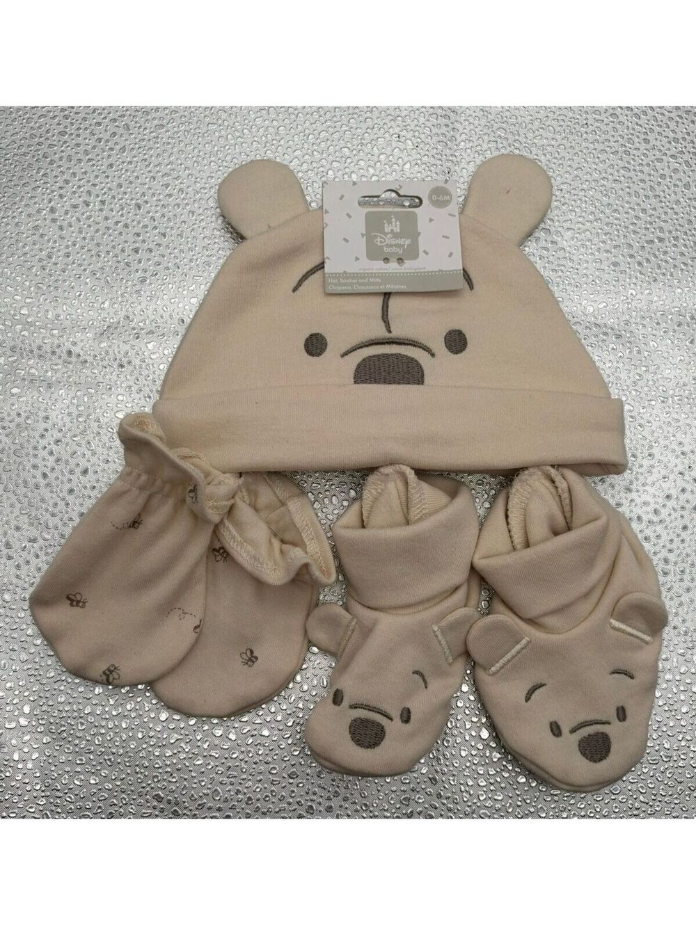 Disney Baby Organic Cotton Hat Booties Mitts Set 0-6M Bear Ears Beige NWT